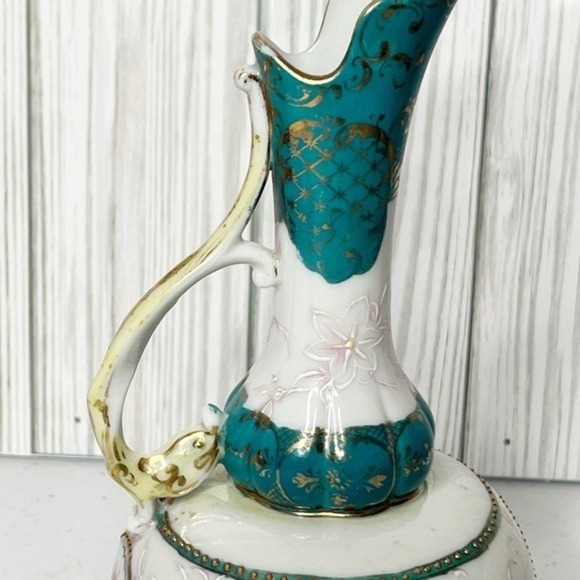 Antique Porcelain Ewer Handpainted Floral‎ Design Gold Gilding & Beading - Picture 5 of 11